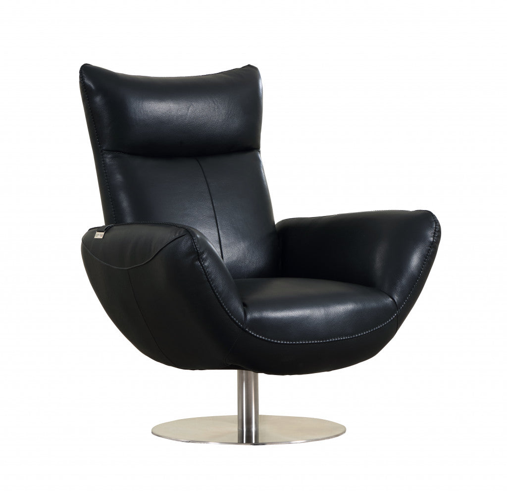 37" Black And Silver Genuine Leather Lounge Chair