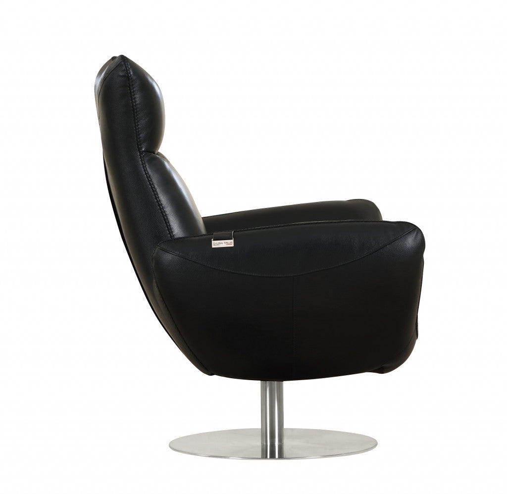 37" Black And Silver Genuine Leather Lounge Chair