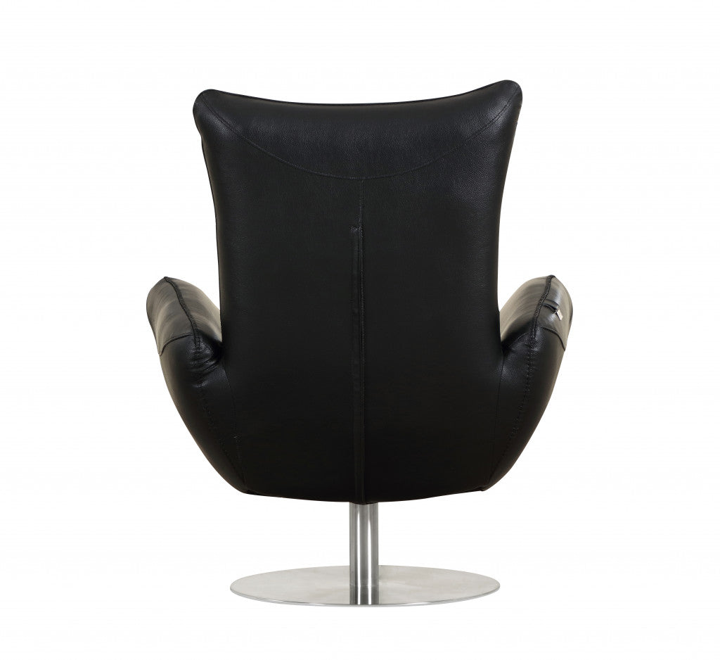 37" Black And Silver Genuine Leather Lounge Chair