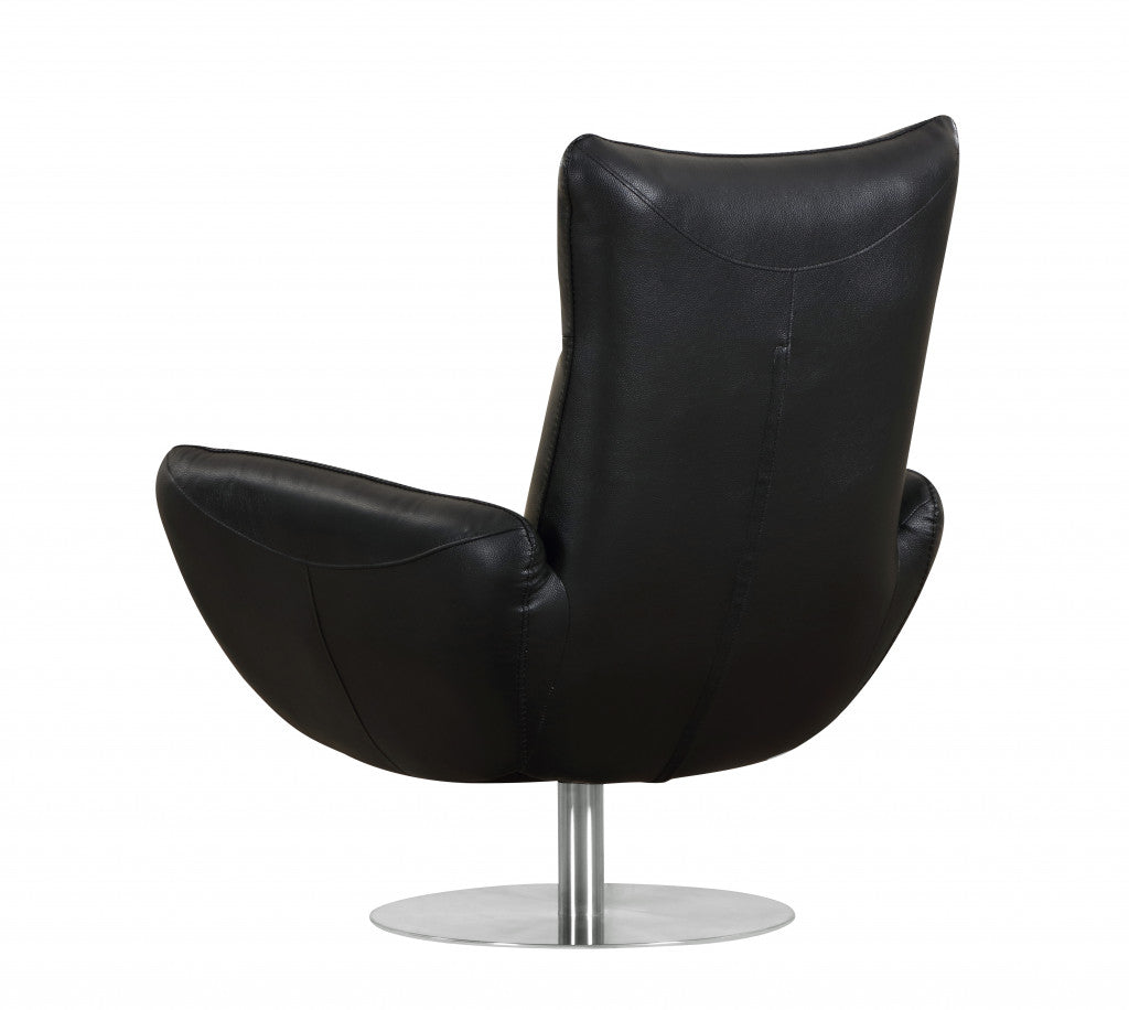 37" Black And Silver Genuine Leather Lounge Chair