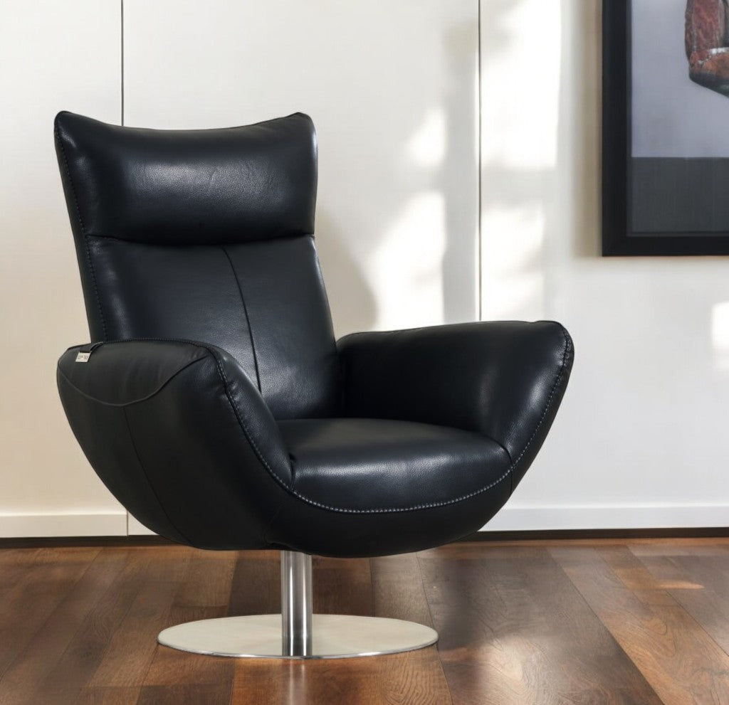 37" Black And Silver Genuine Leather Lounge Chair