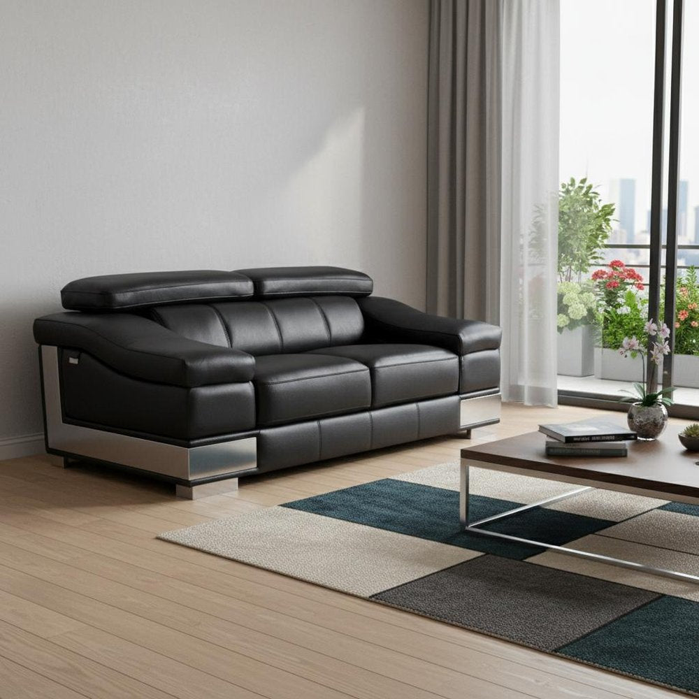 73" Black And Silver Genuine Leather Love Seat