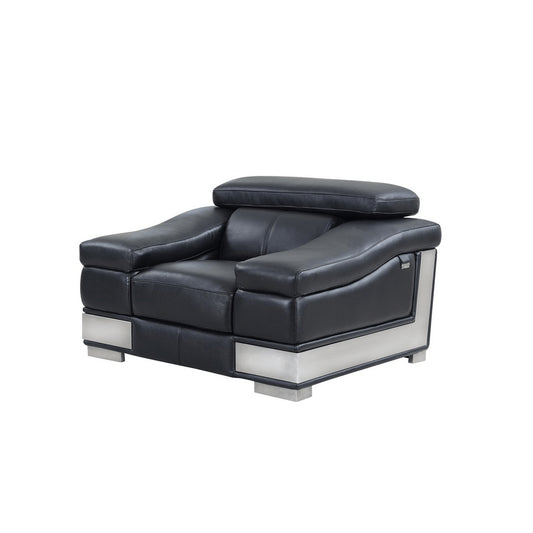 49" Black And Silver Genuine Leather Arm Chair