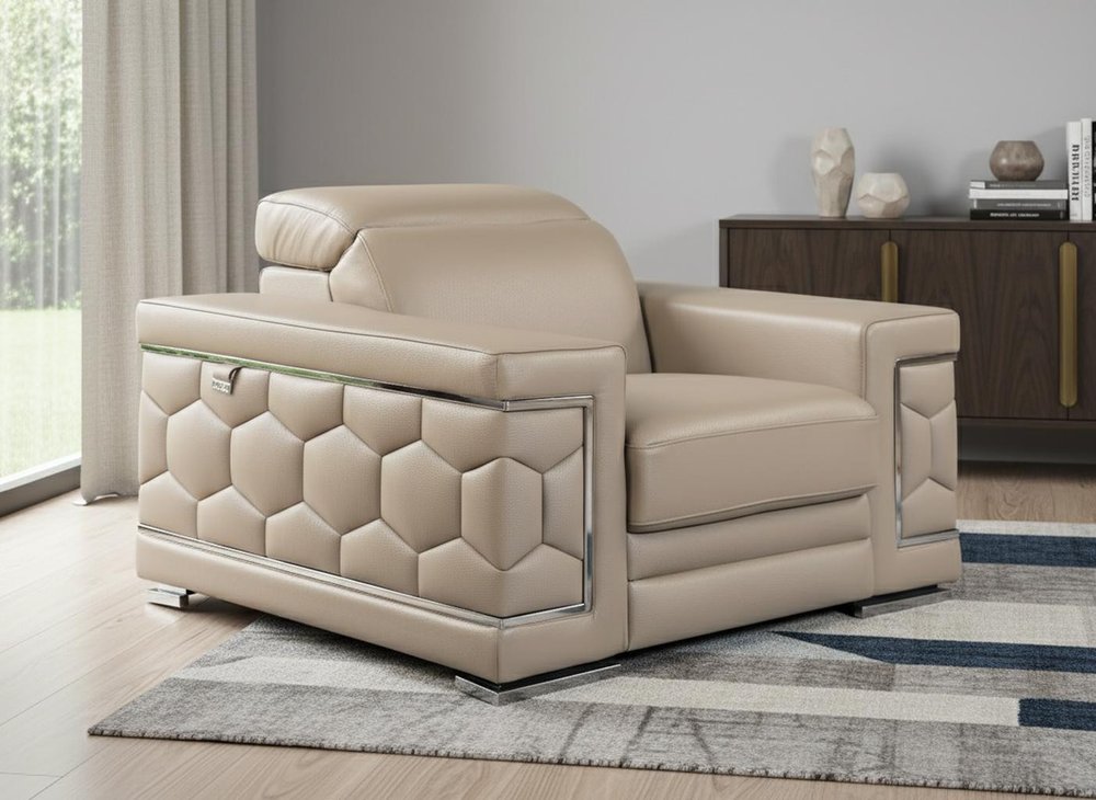 47" Beige And Silver Faux Leather Club Chair