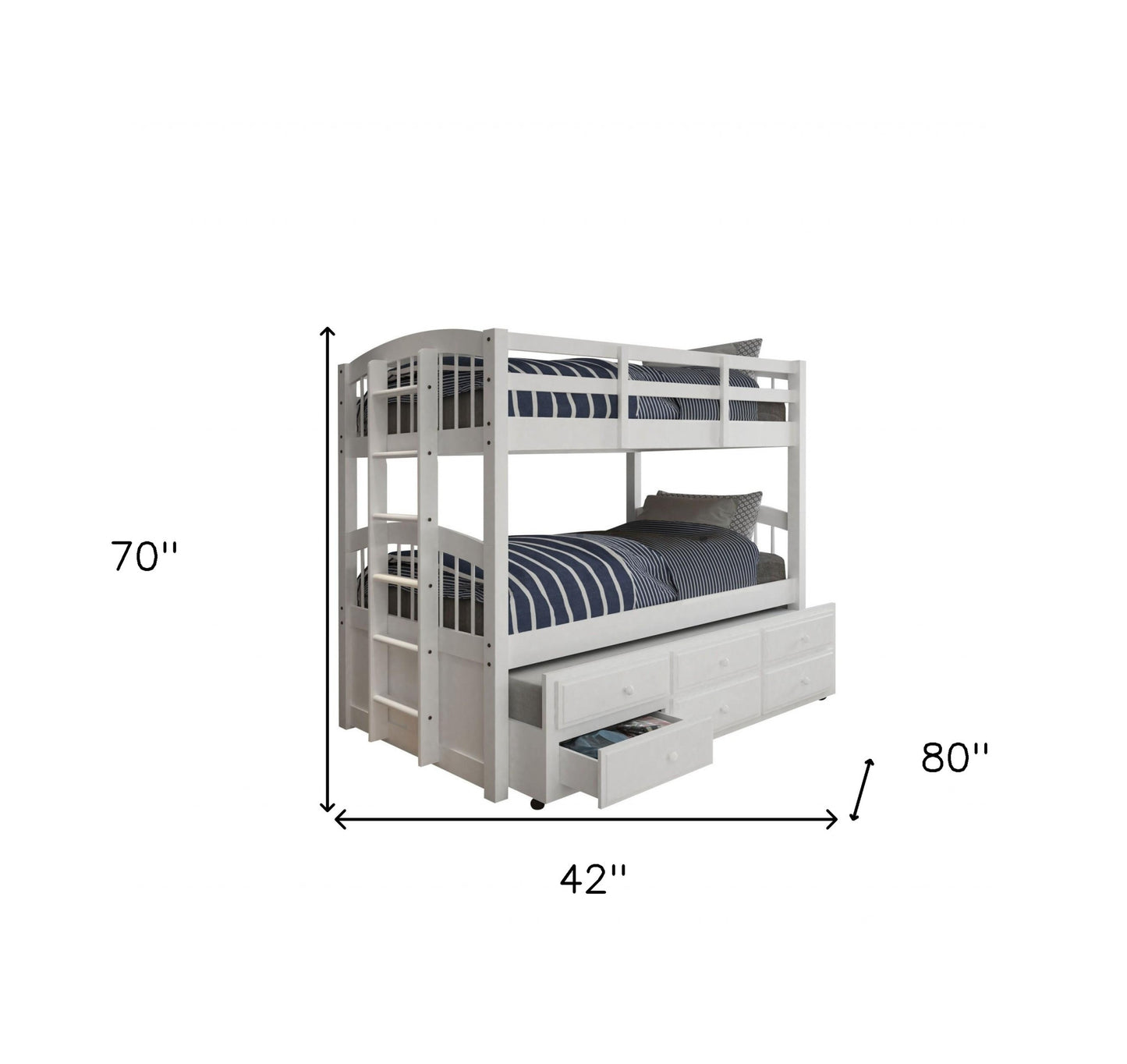 80" X 42" X 70" White Twin Bunk Bed Trundle With 3 Drawers