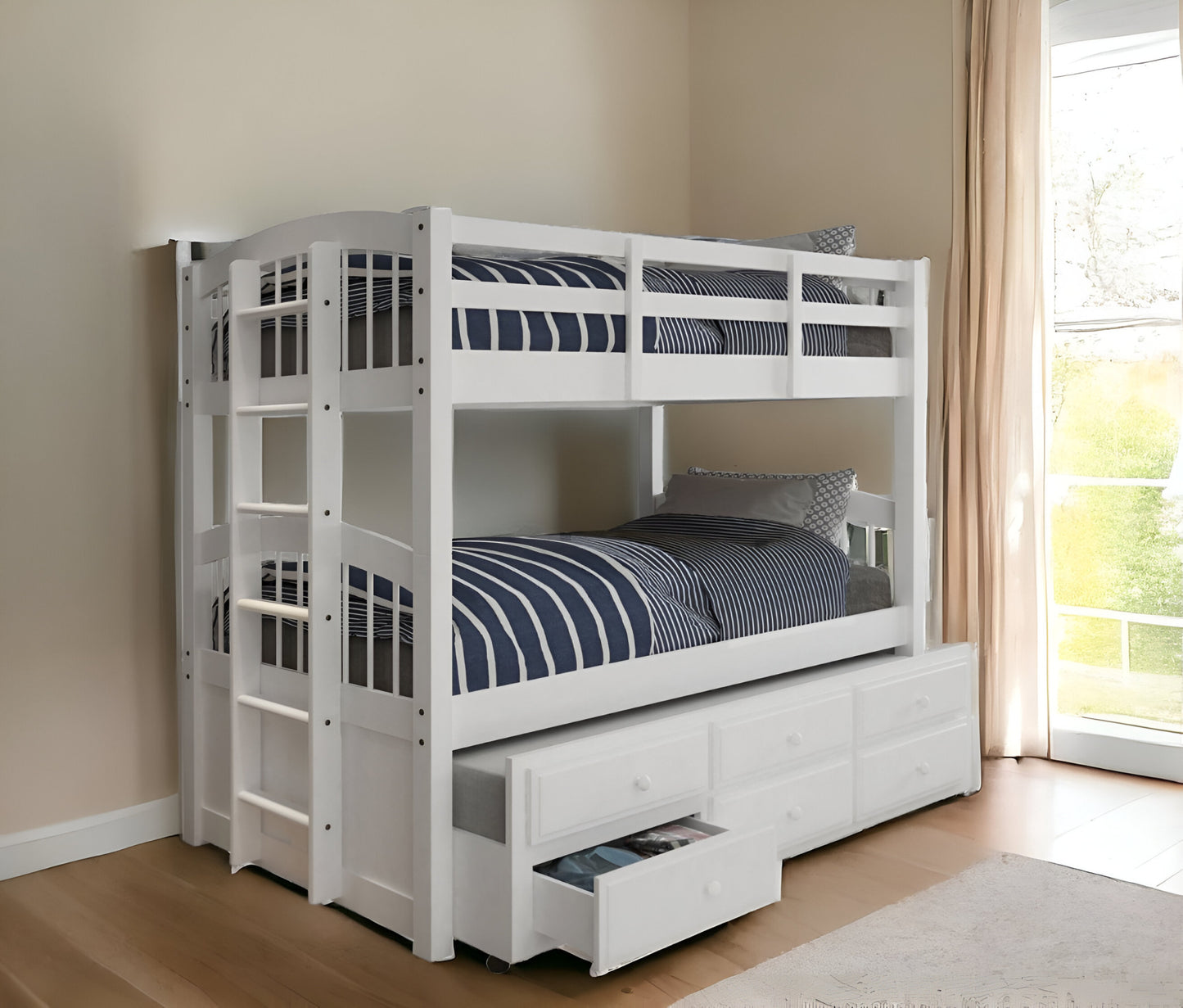 80" X 42" X 70" White Twin Bunk Bed Trundle With 3 Drawers