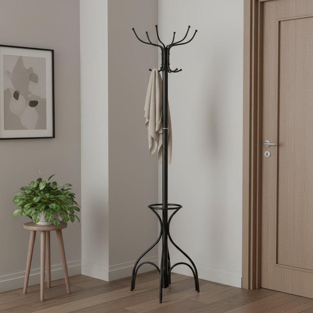 18" X 18" X 70" Black Metal Coat Rack
