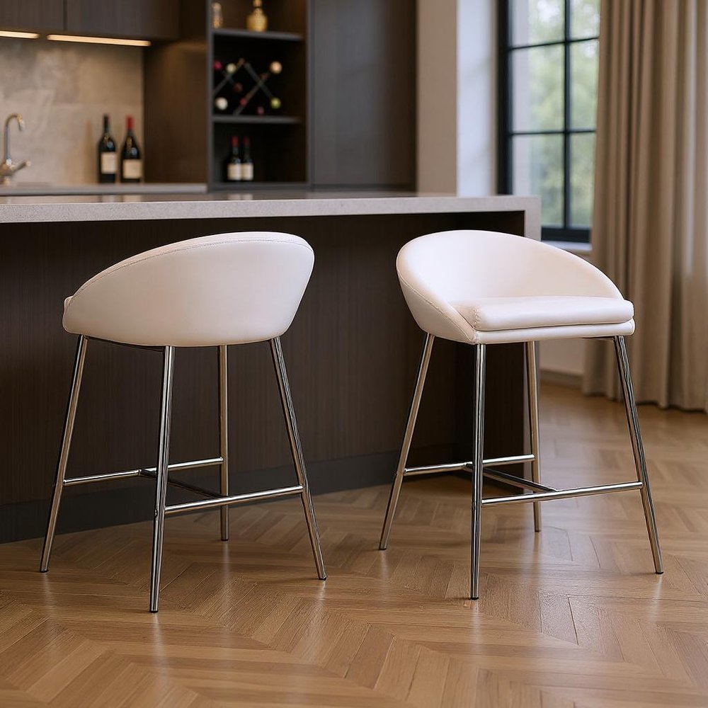 Set of Two 24" White And Silver Leather Match And Metal Low Back Bar Chairs