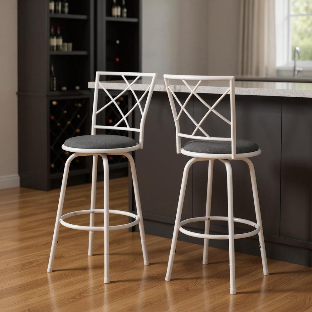 Set of Two 28" Gray and White Metal Bar Chairs