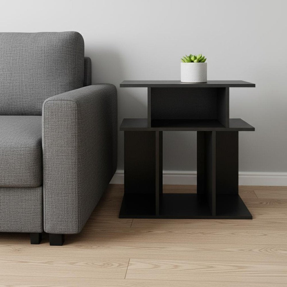 24" Black Wood End Table With Six Open Shelves