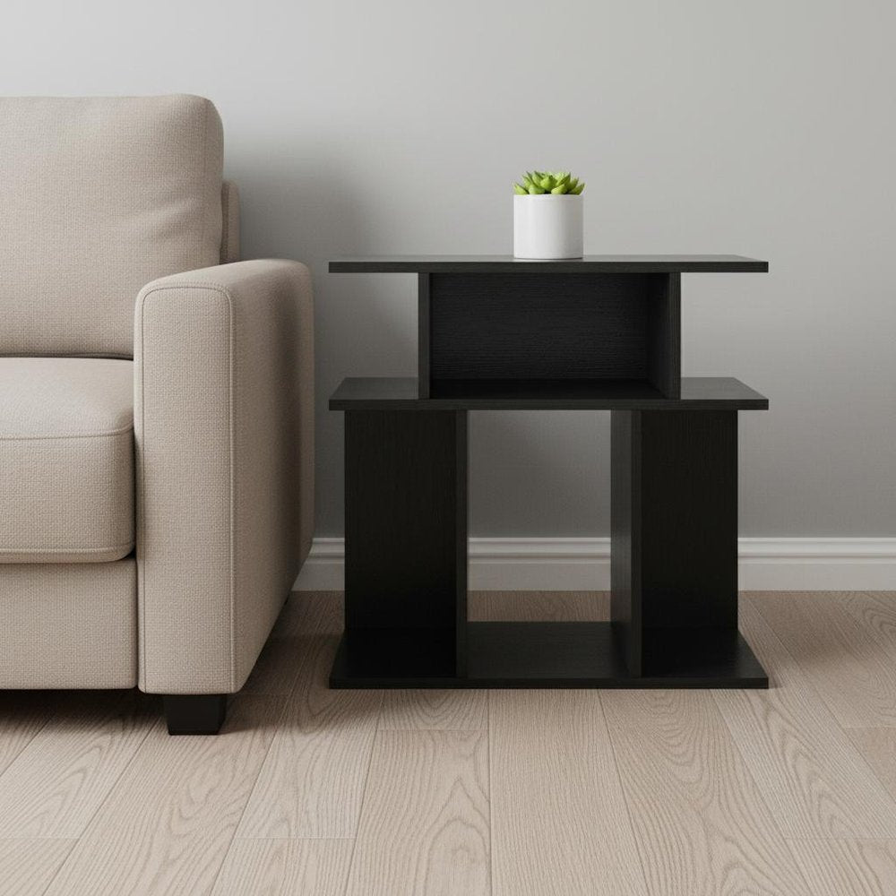 24" Gray and Black Wood Floor Shelf End Table With 6