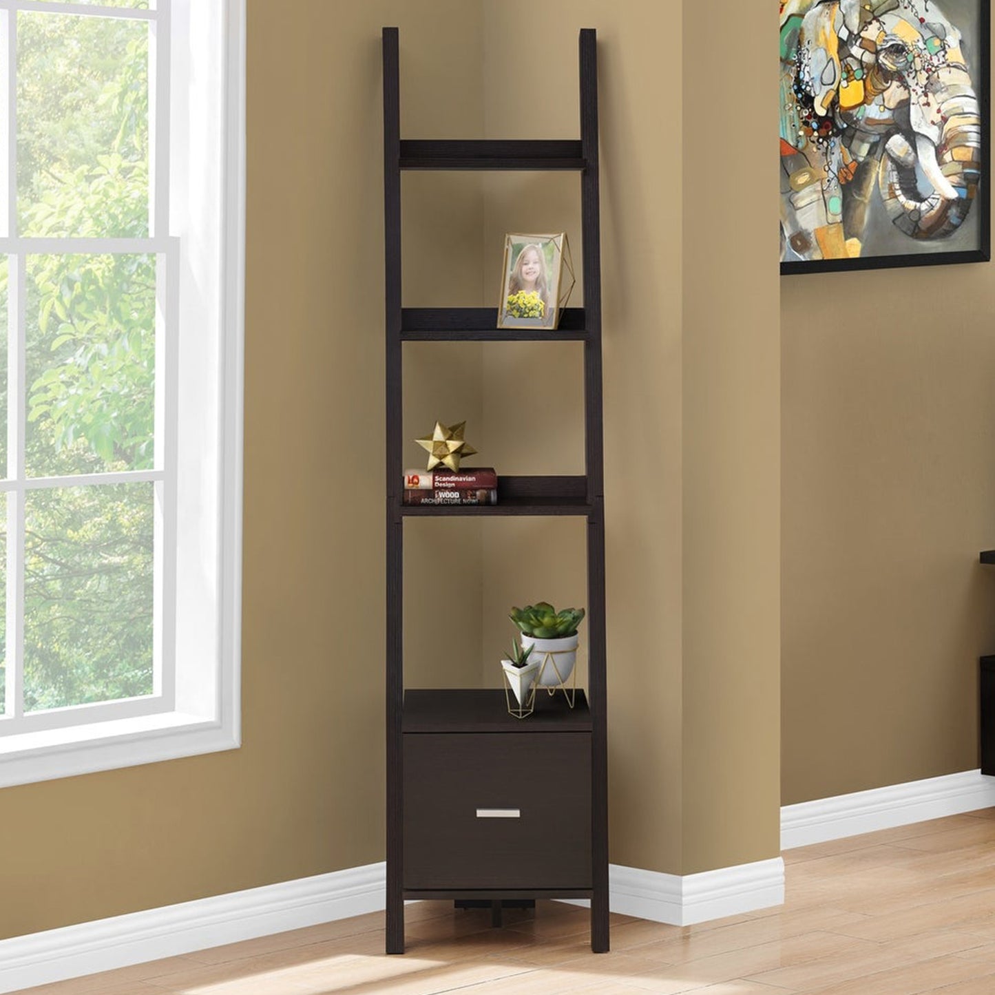 Brown Wood Four Tier Ladder Bookcase