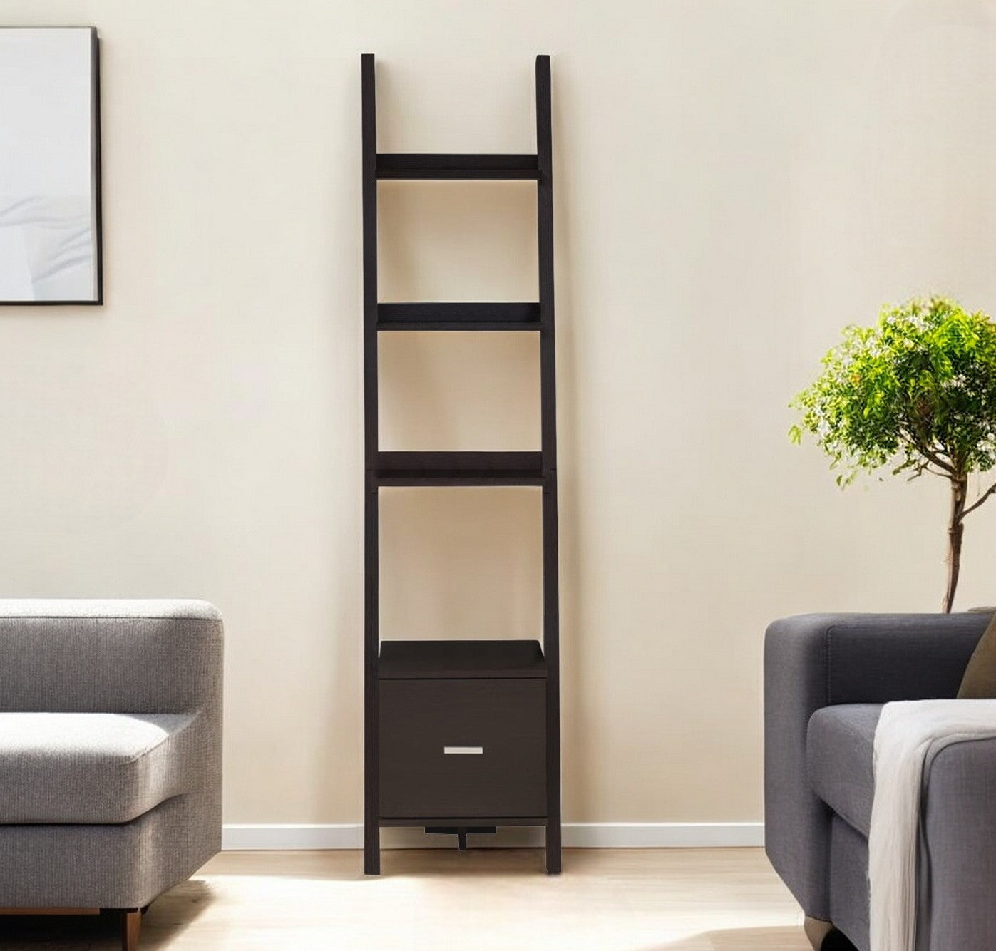 Brown Wood Four Tier Ladder Bookcase