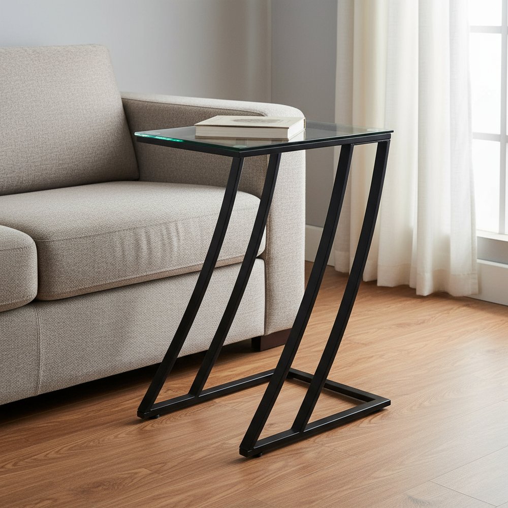 15.75" X 12" X 24" Black Clear Metal Tempered Glass Accent Table