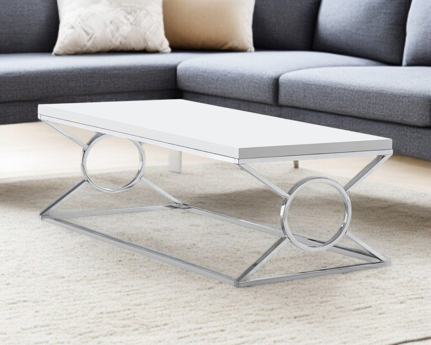 44" White And Silver Wood And Iron Coffee Table