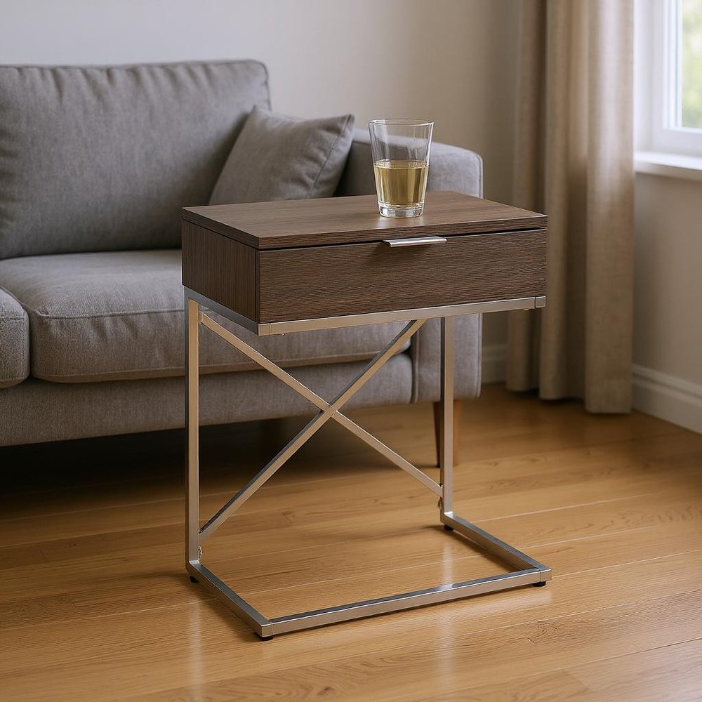 24" Silver And Gray Wood And Metal End Table With Drawer