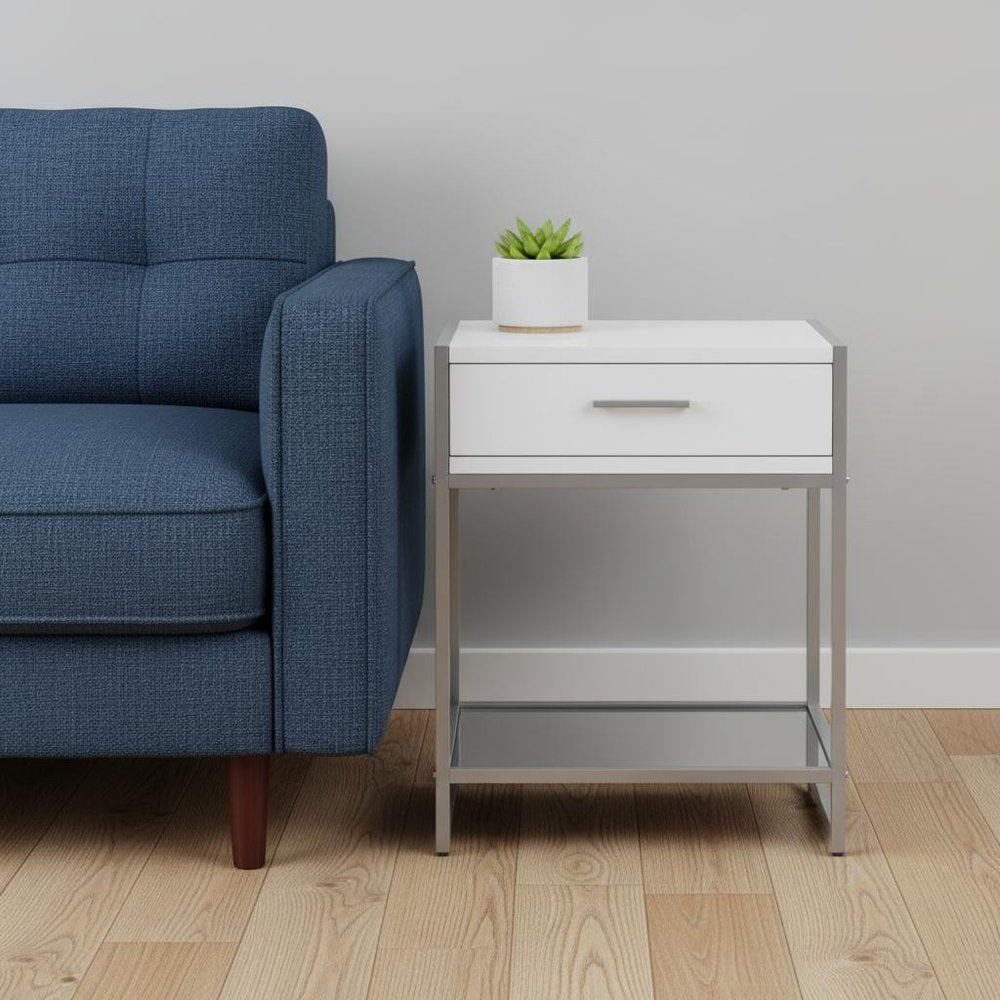 22" White Glass And Metal End Table With Drawer And Shelf