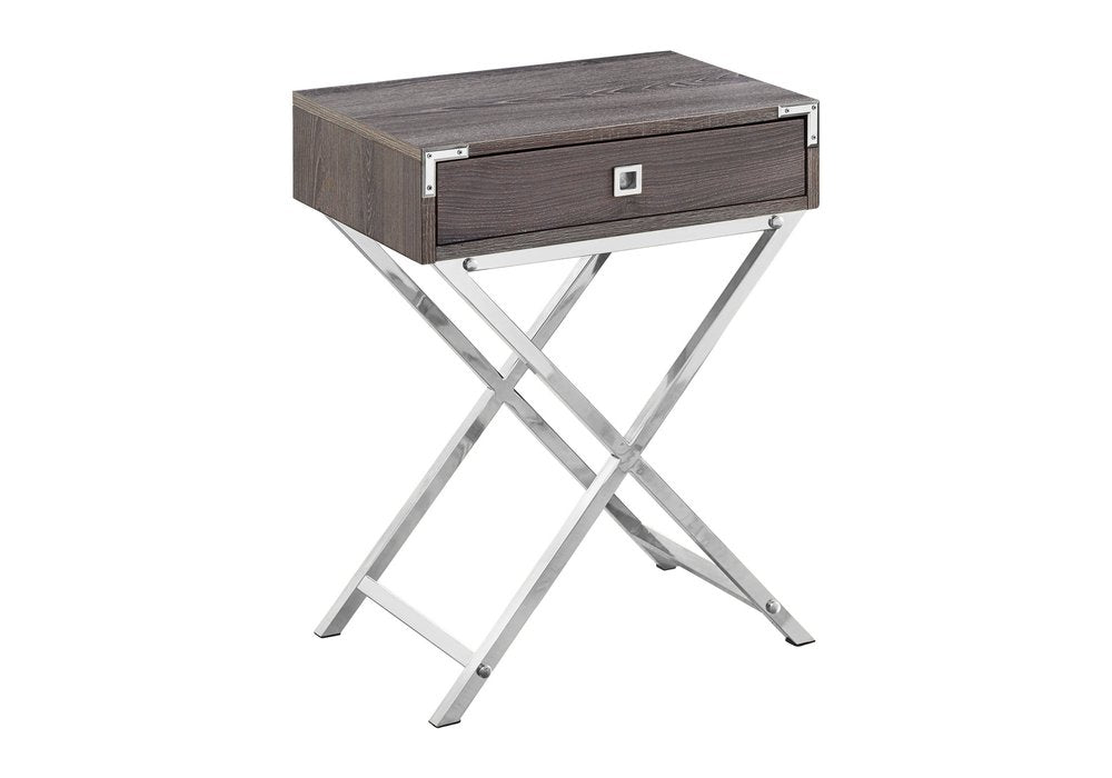 24" Silver And Deep Taupe Wood And Metal End Table With Drawer