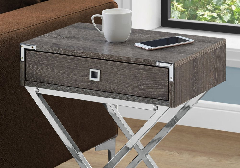 24" Silver And Deep Taupe Wood And Metal End Table With Drawer
