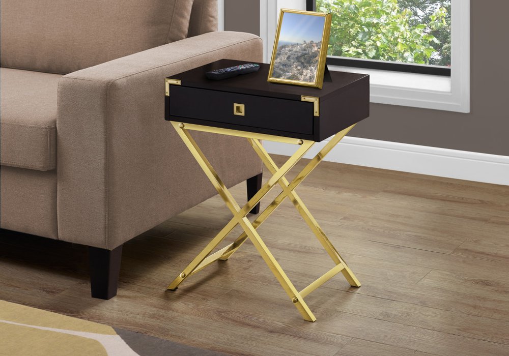 24" Silver And Deep Taupe Wood And Metal End Table With Drawer