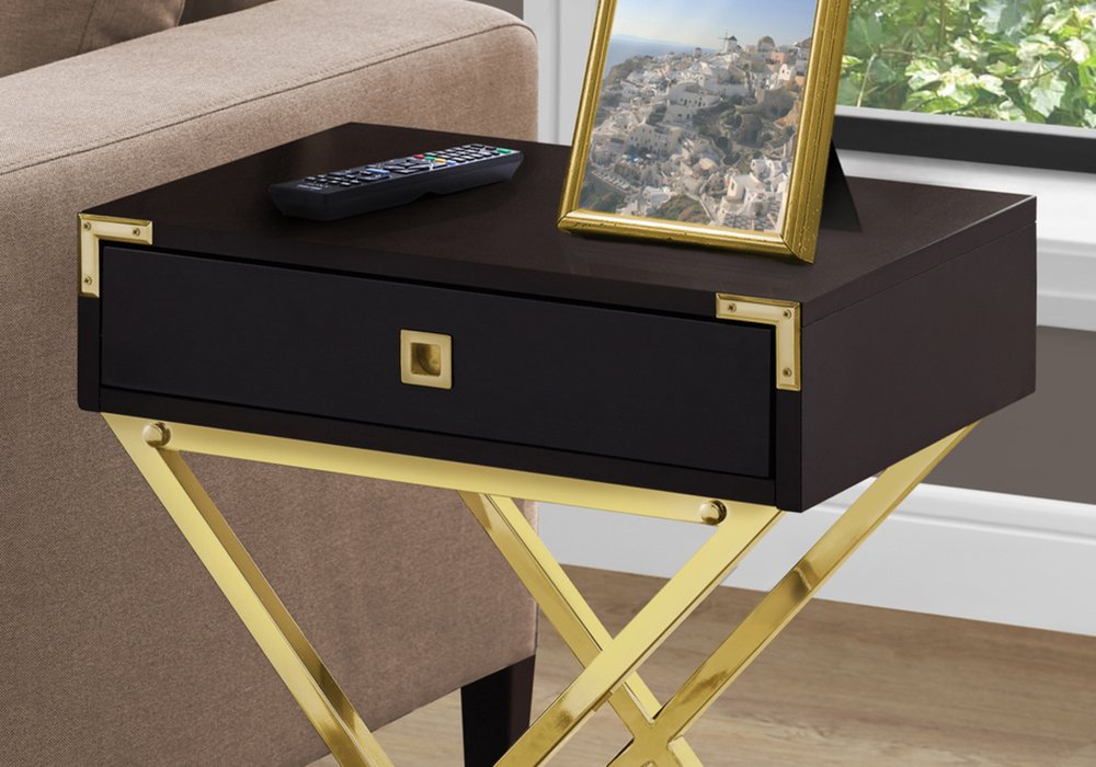 24" Silver And Deep Taupe Wood And Metal End Table With Drawer