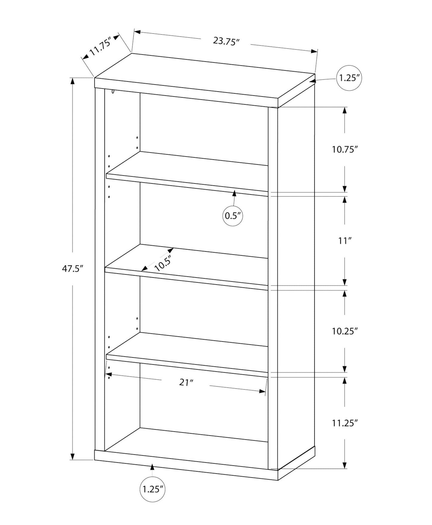 48" Brown Distressed Wood Adjustable Four Tier Bookcase
