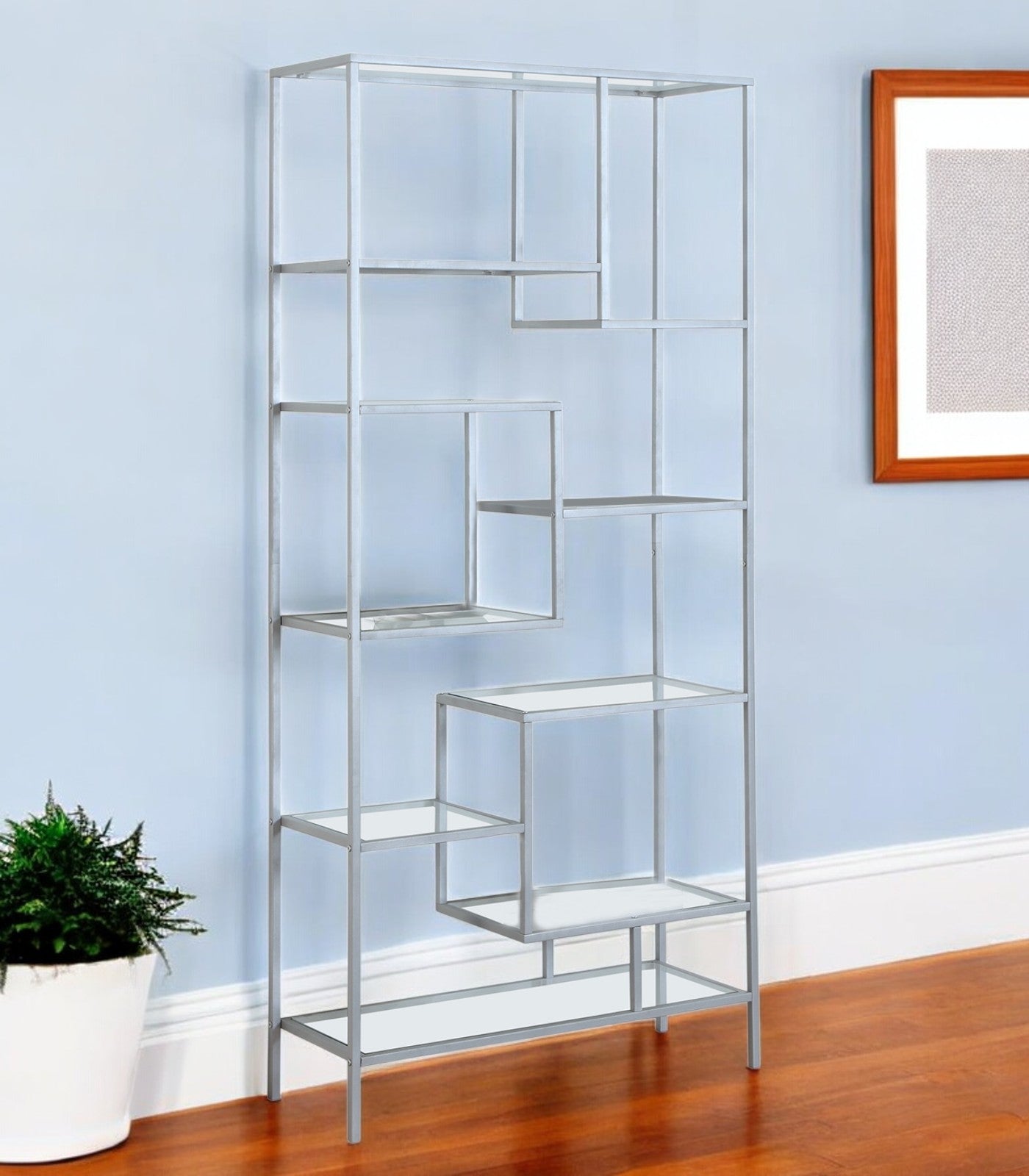 72" Silver And Clear Metal and Glass Nine Tier Etagere Bookcase