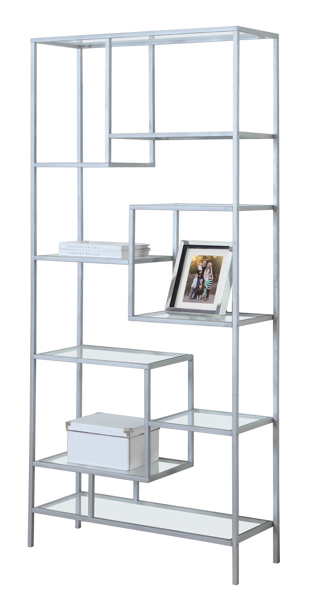 72" Silver And Clear Metal and Glass Nine Tier Etagere Bookcase