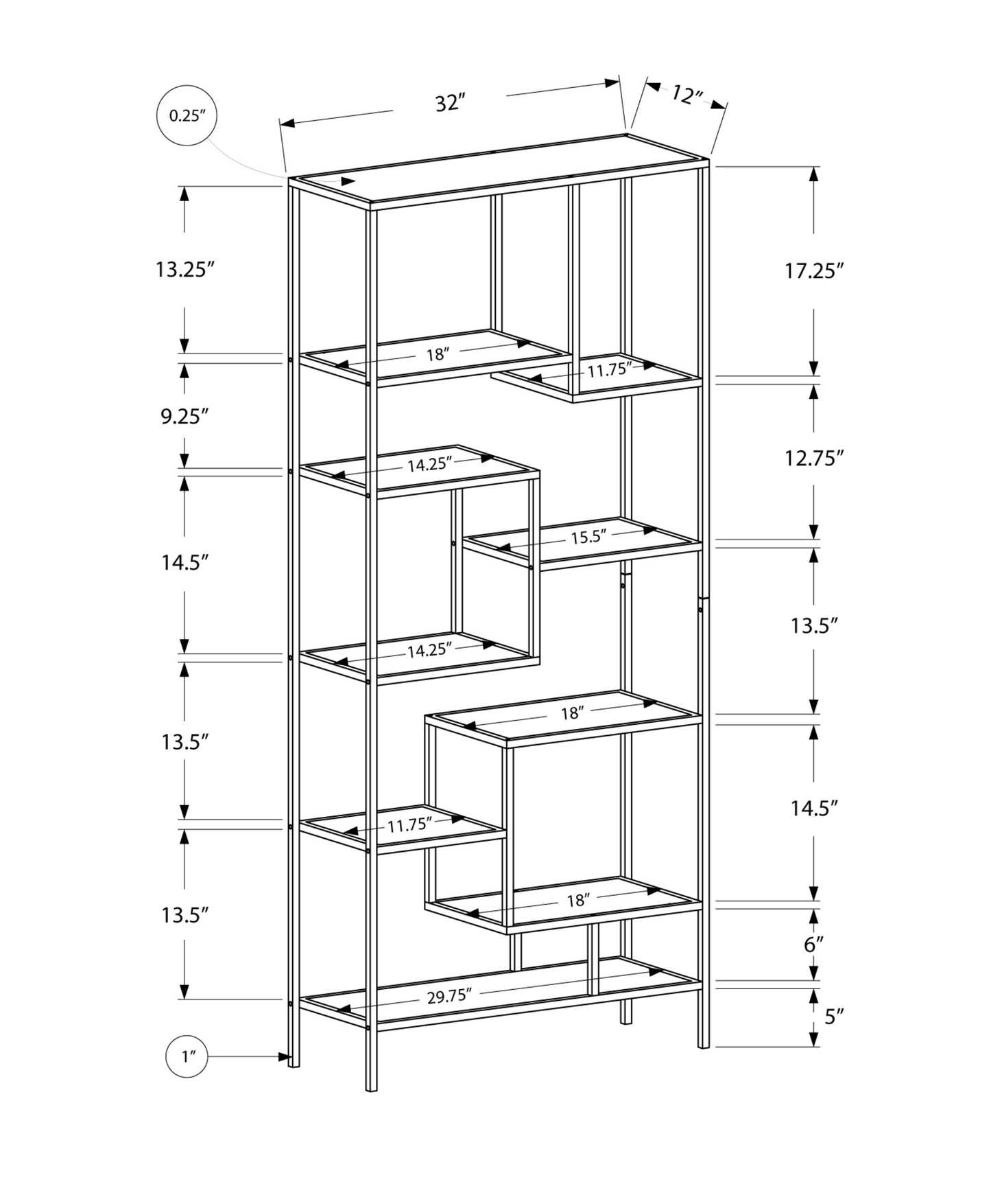 72" Silver And Clear Metal and Glass Nine Tier Etagere Bookcase