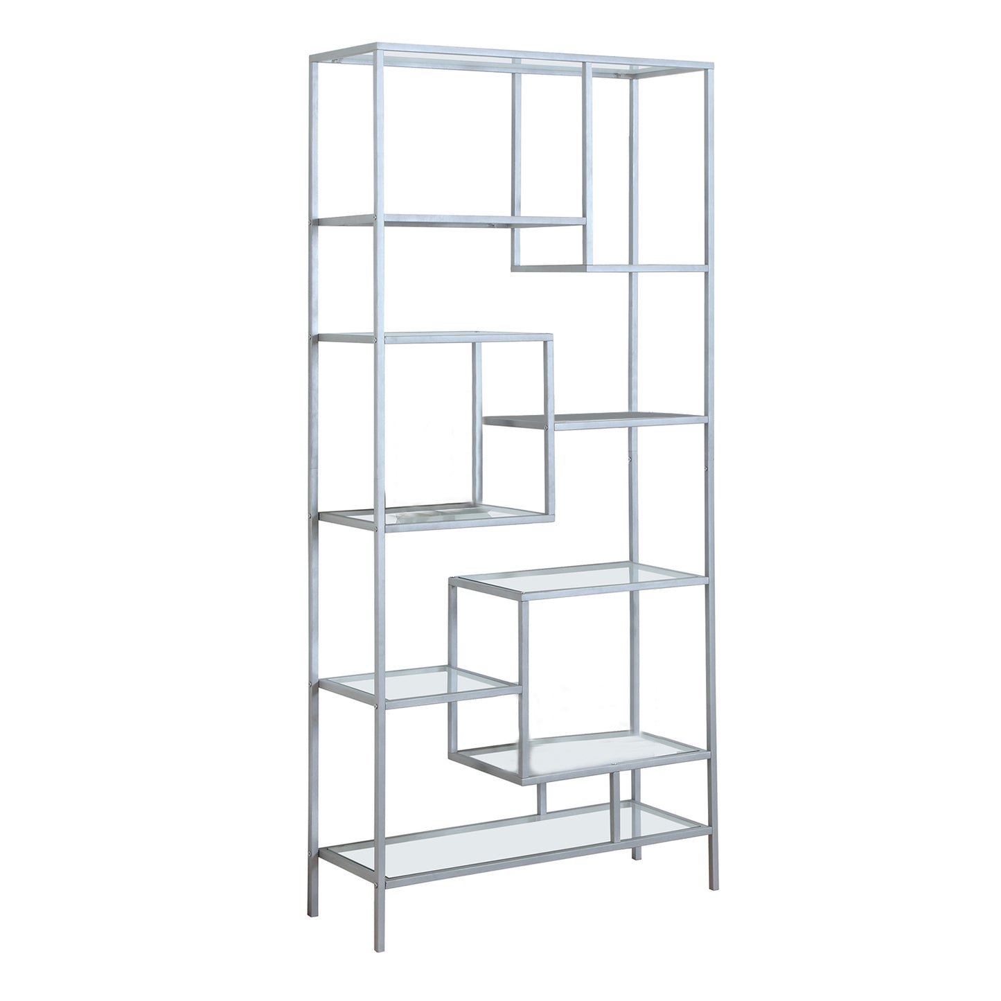 72" Silver And Clear Metal and Glass Nine Tier Etagere Bookcase