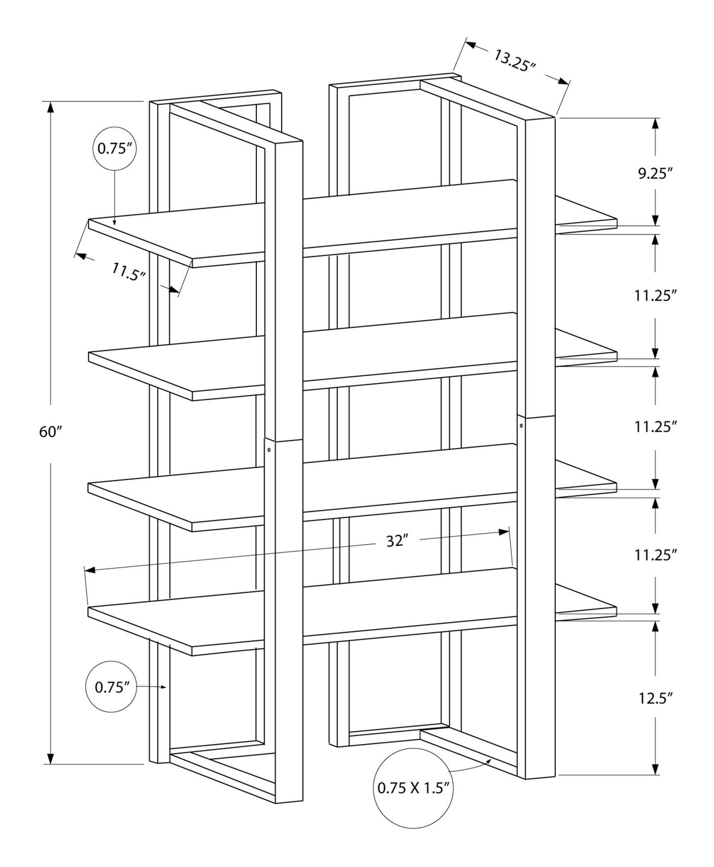 Espresso Metal Four Tier Bookcase