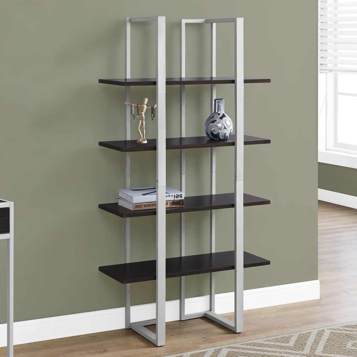 Espresso Metal Four Tier Bookcase