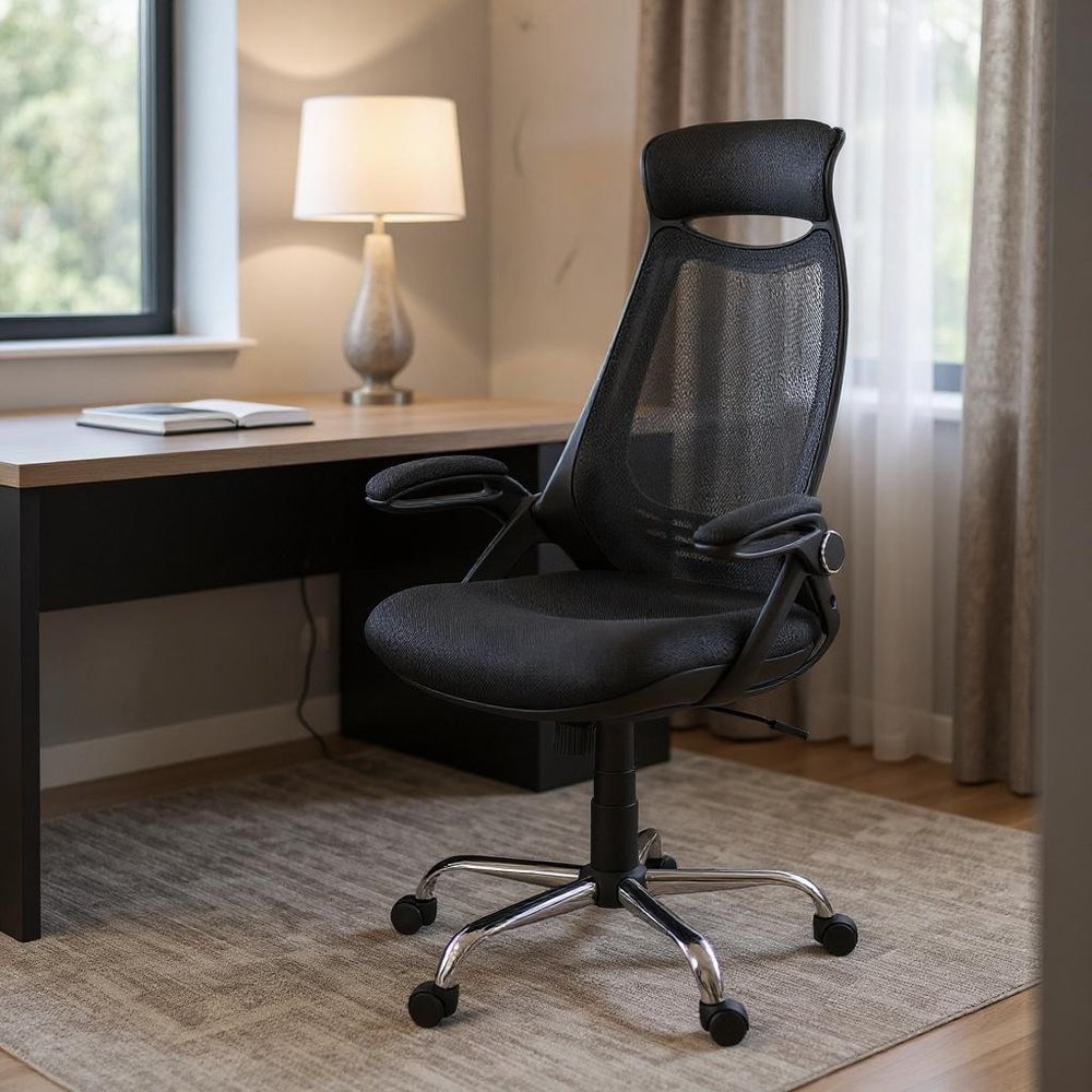 Black Polyester Seat Swivel Adjustable Task Chair Mesh Back Plastic Frame