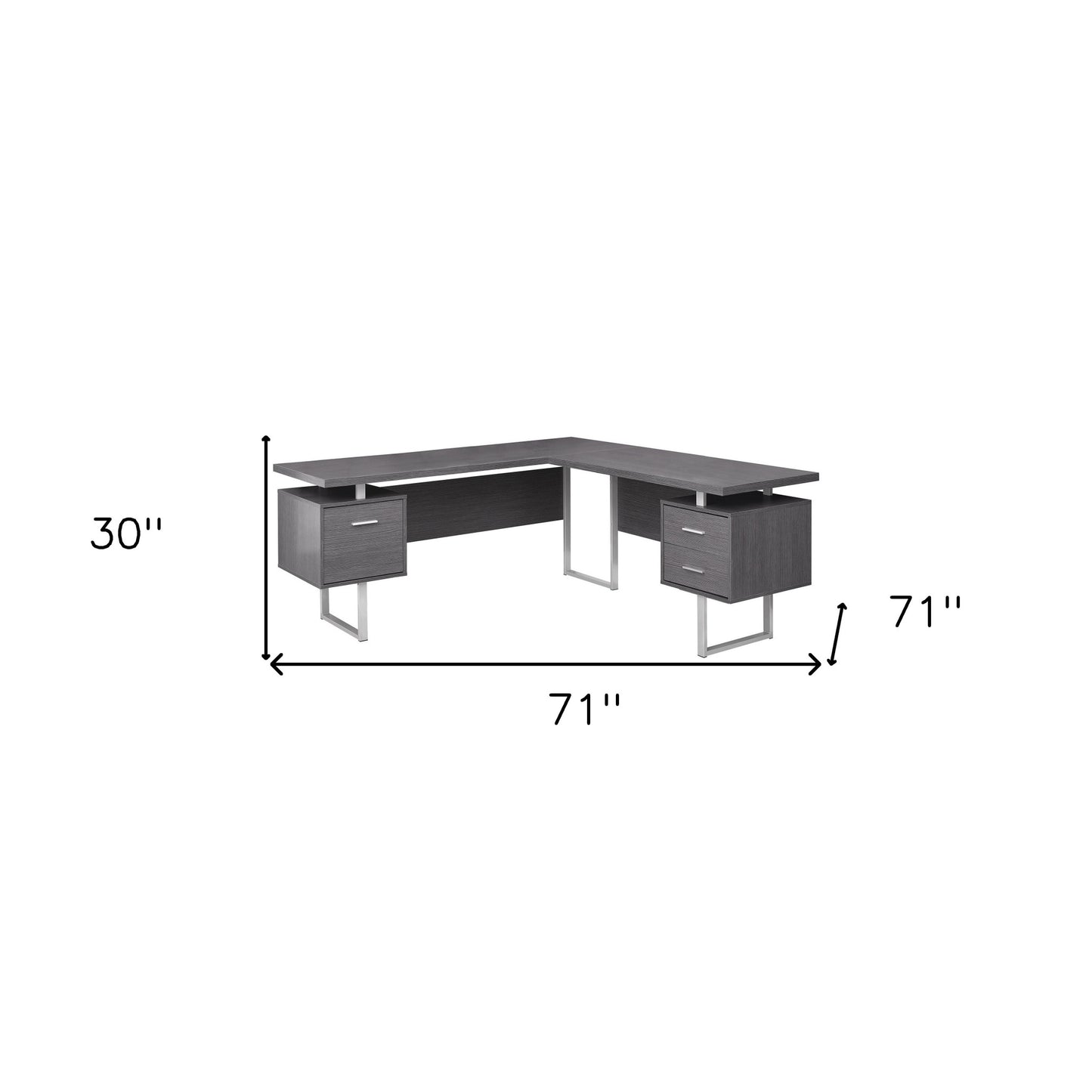71" Taupe and Silver L Shape Computer Desk With Three Drawers