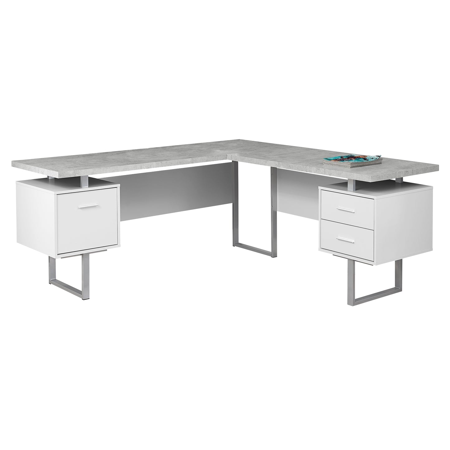 71" Taupe and Silver L Shape Computer Desk With Three Drawers