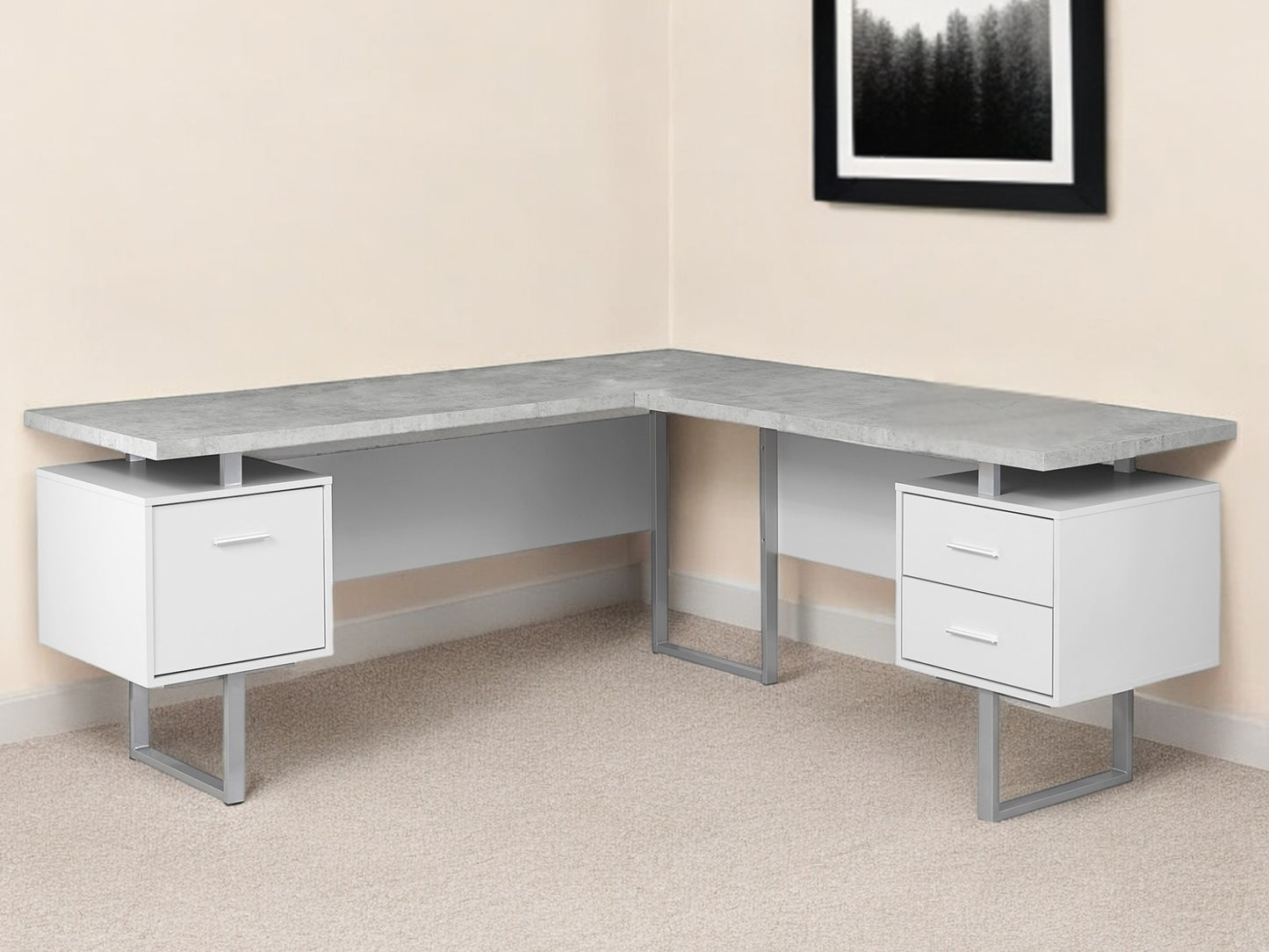 71" Taupe and Silver L Shape Computer Desk With Three Drawers