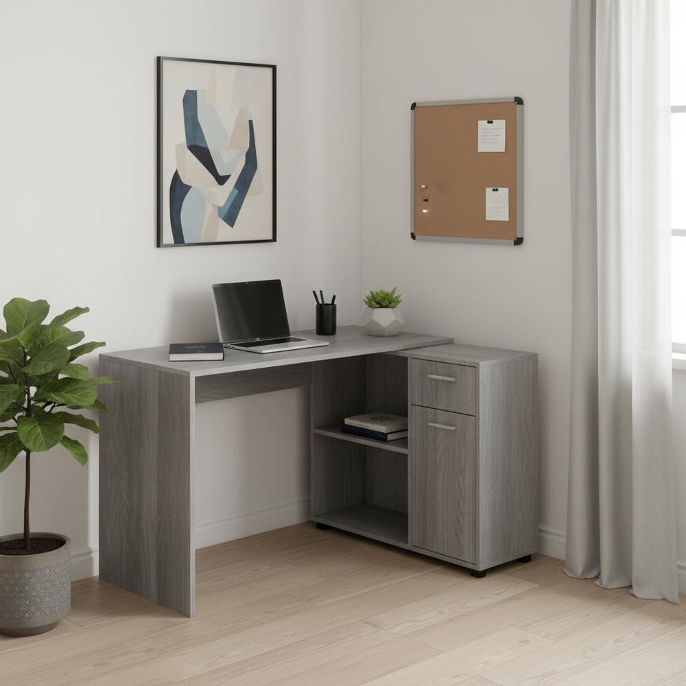 34" Gray L Shape Computer Desk With Two Drawers