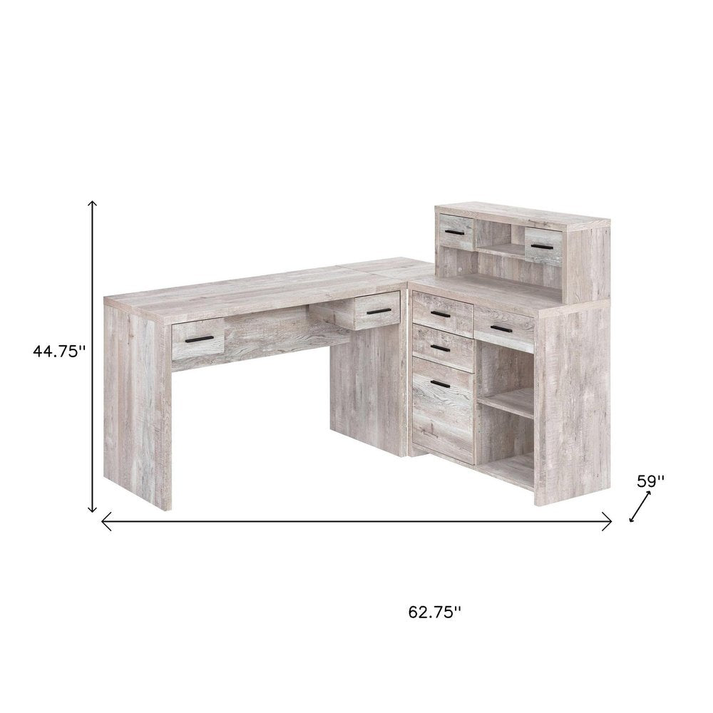 63" Taupe L Shape Computer Desk With Eight Drawers