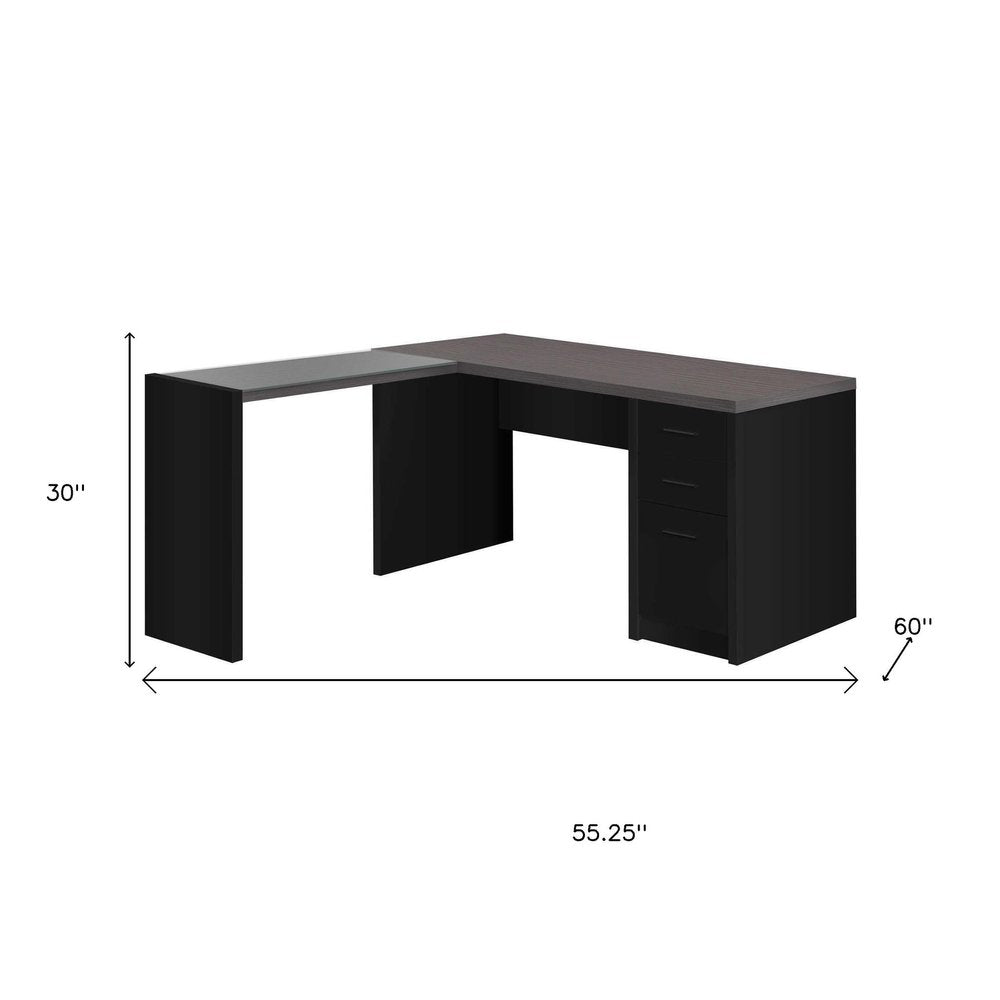 55" Gray and Black L Shape Computer Desk With Three Drawers