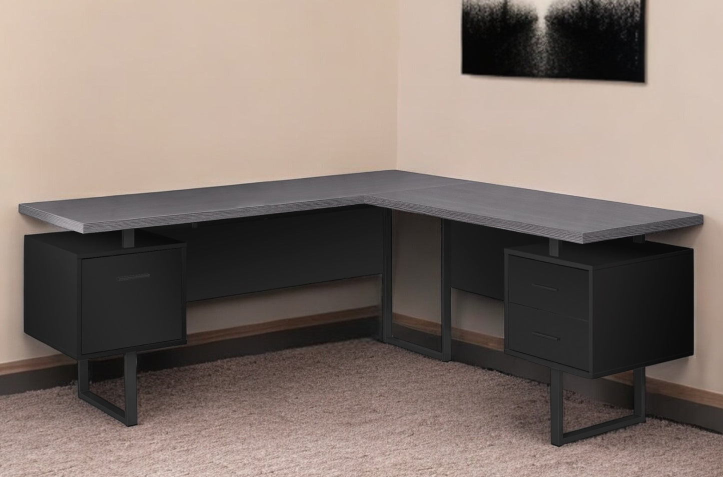 71" Taupe and Silver L Shape Computer Desk With Three Drawers