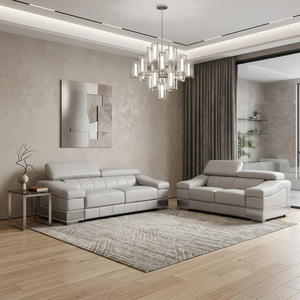 Two Piece Indoor Light Gray Italian Leather Five Person Seating Set