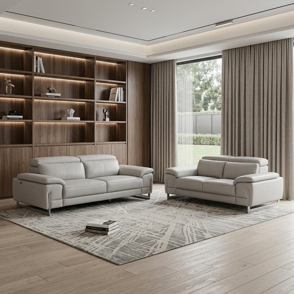 Two Piece Indoor Light Gray Italian Leather Five Person Seating Set