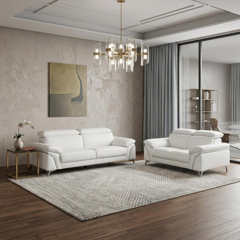 Two Piece Indoor White Italian Leather Five Person Seating Set