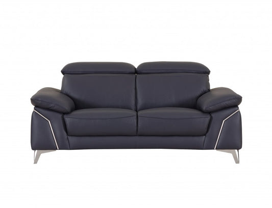 Two Piece Indoor Blue Italian Leather Five Person Seating Set