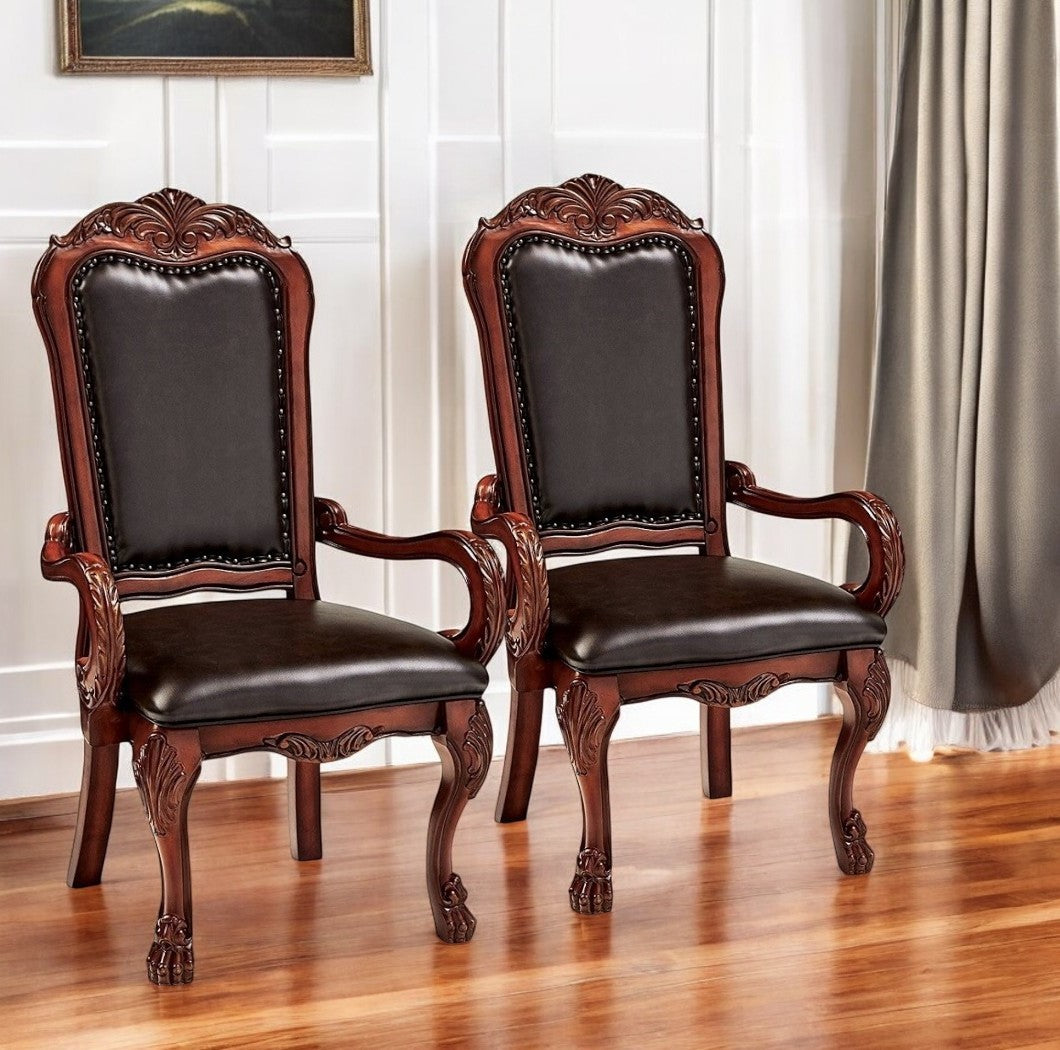 Set of Two Brown Upholstered Faux Leather Queen Anne Back Dining Arm Chairs