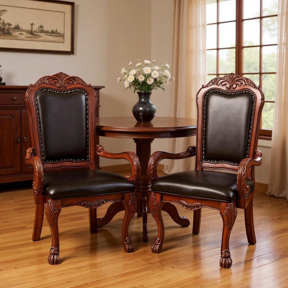 Set of Two Brown Upholstered Faux Leather Queen Anne Back Dining Arm Chairs