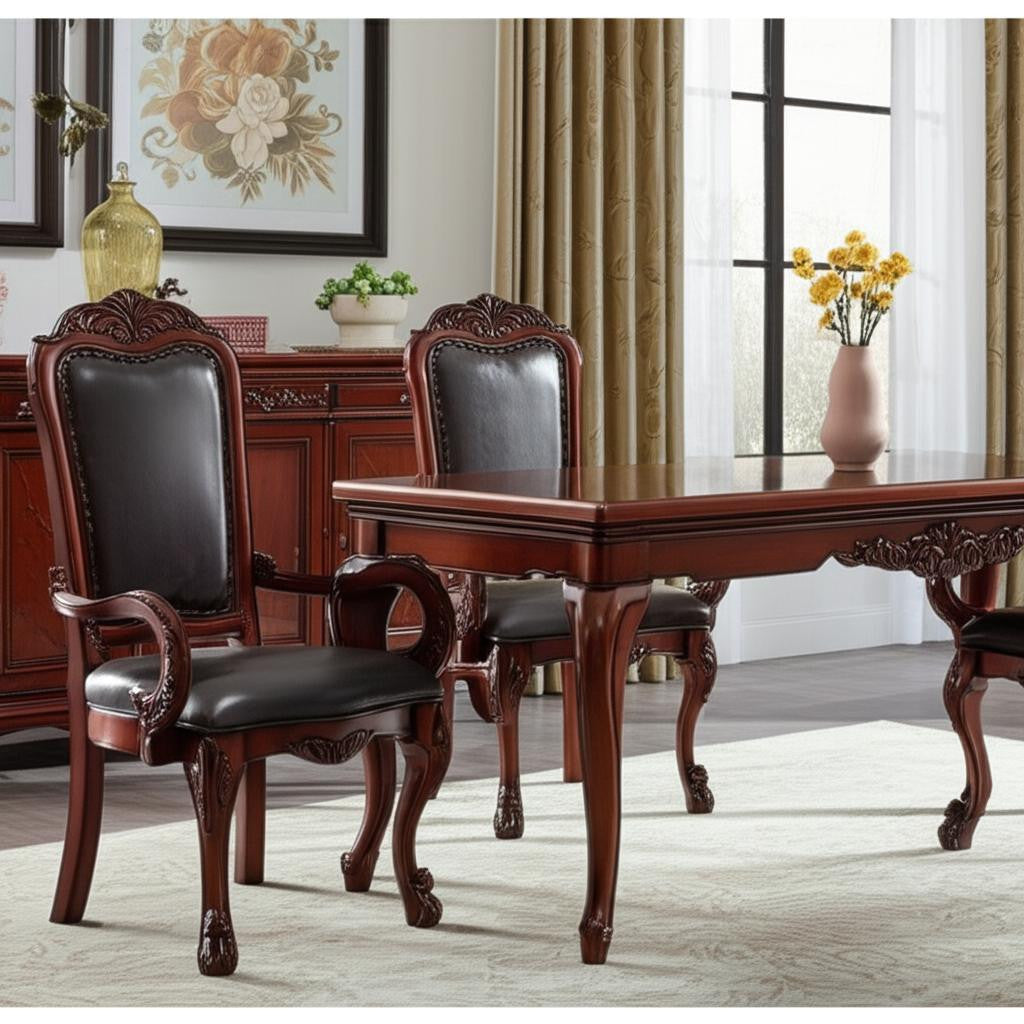 Set of Two Brown Upholstered Faux Leather Queen Anne Back Dining Arm Chairs