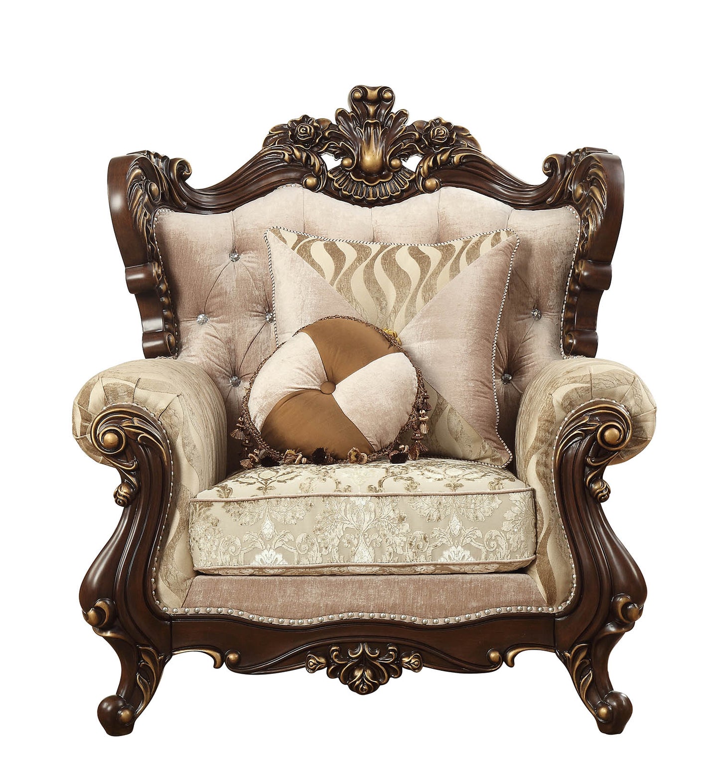 36" Beige and Brown Fabric Damask Tufted Arm Chair And Toss Pillows
