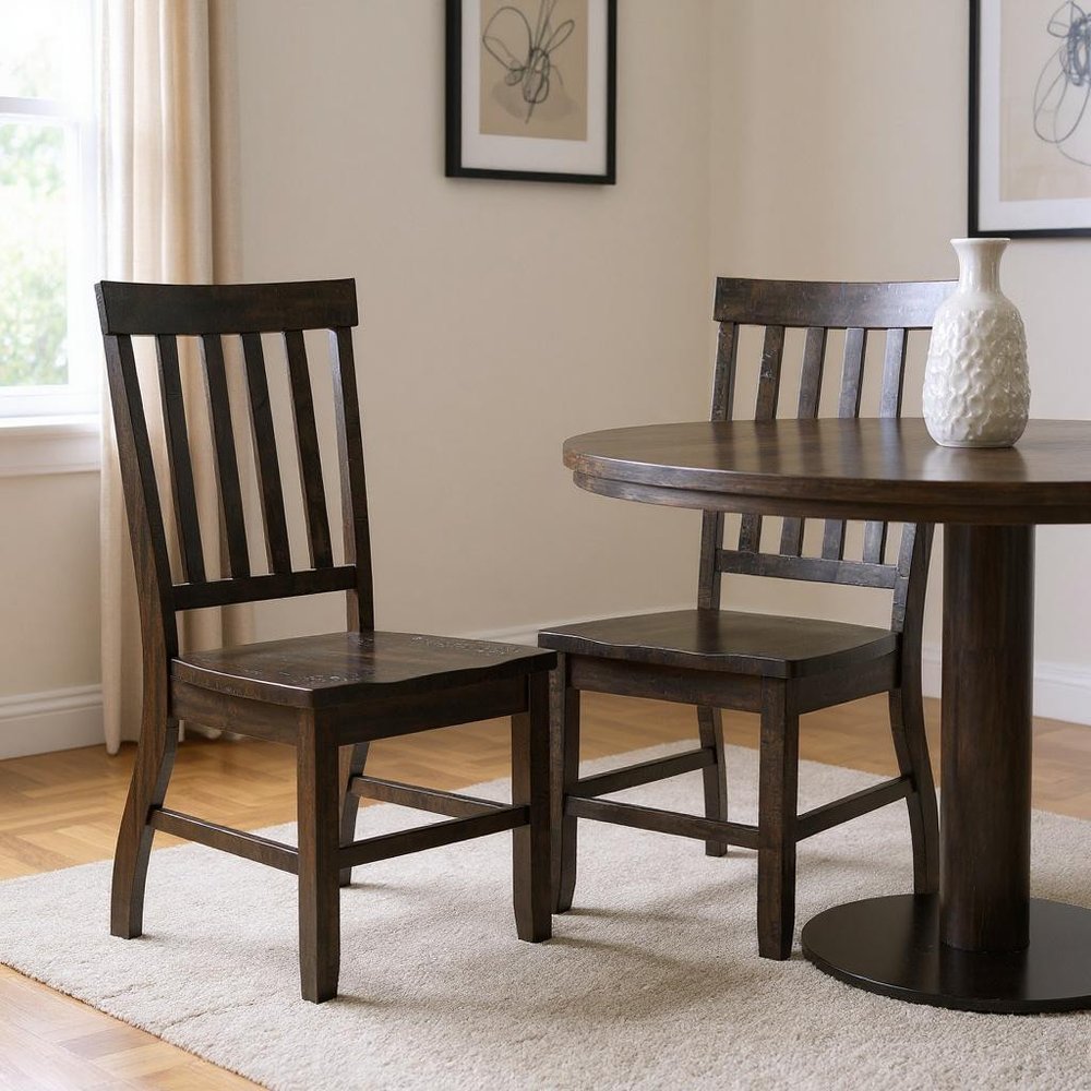 Set of Two Brown Wood Ladder Back Dining Side Chairs