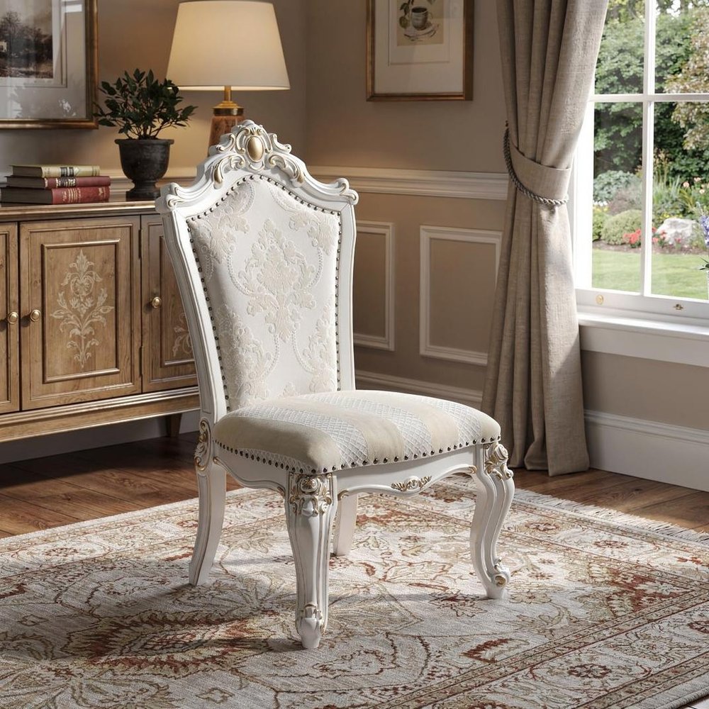 Set of Two 27" Beige and White Faux Leather Damask Side Chair